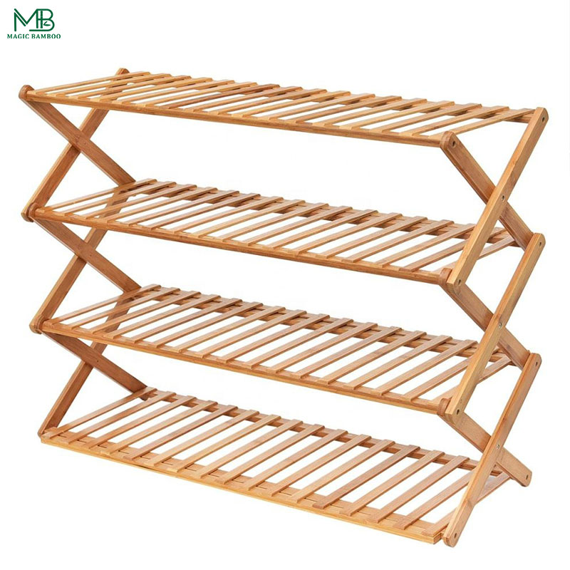 China Bamboo Wood Foldable 4 Tier Shoe Storage Shelf manufacturers and suppliers Magic Bamboo